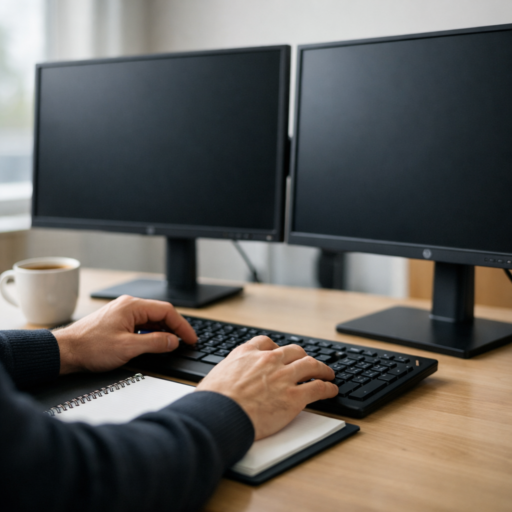 Hyperrealistic closeup photo of a logistics dispatchers hands working at a dualmonitor setup in a clean modern Scandinavian transport office Both scre