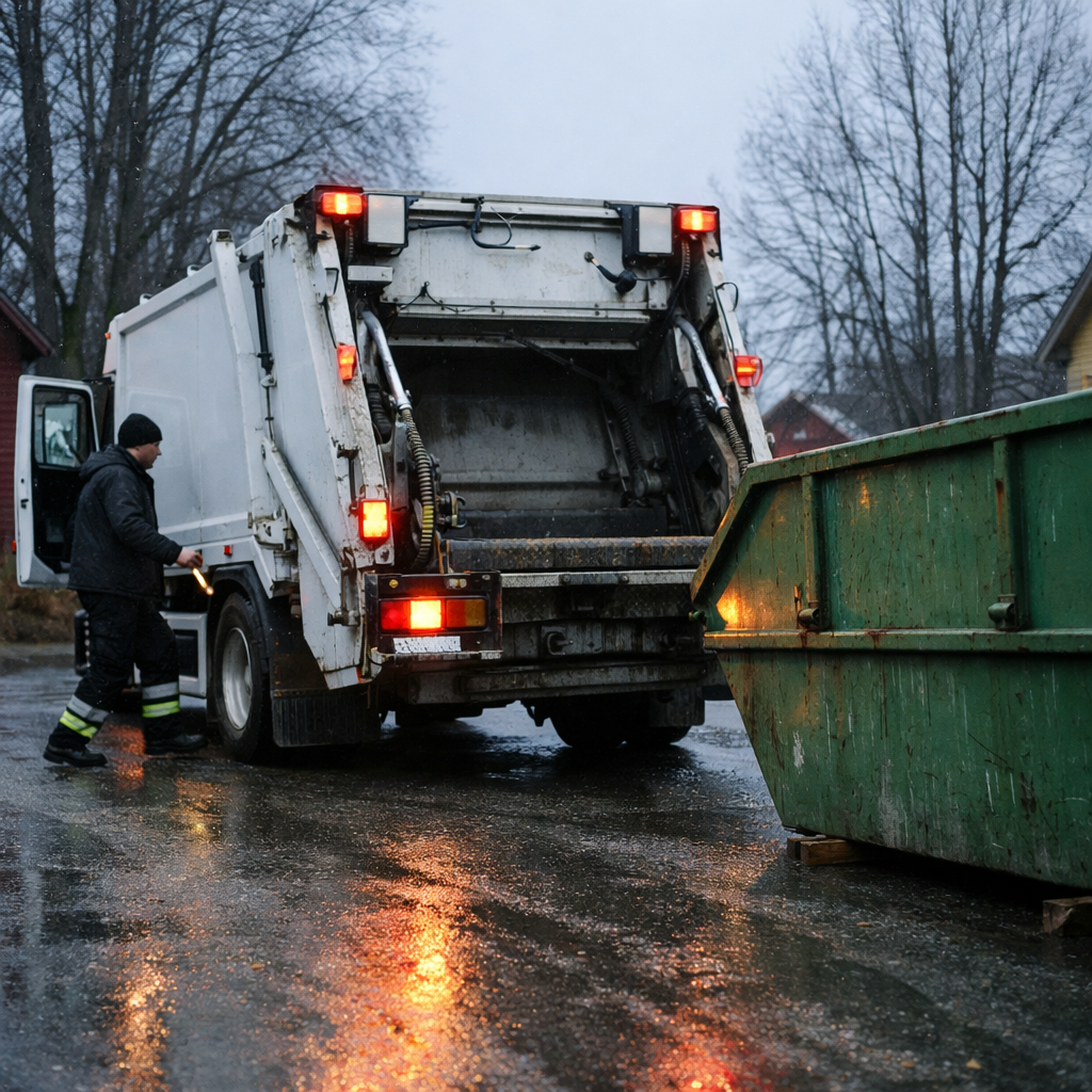 Hyperrealistic ground level photo of a Scandinavian waste collection truck reversing toward a large green skip container in a residential street on an