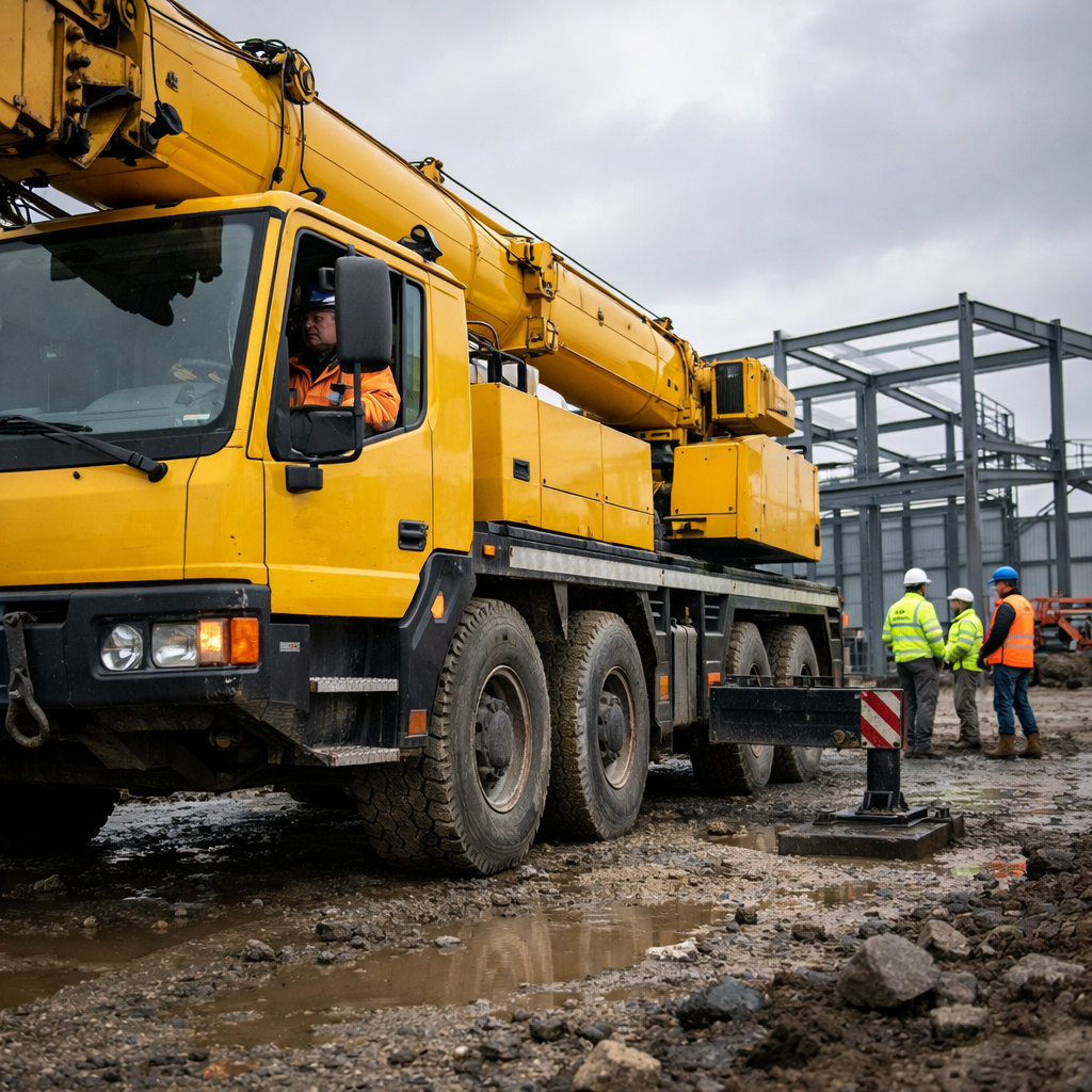 Hyperrealistic ground level photo of a large yellow mobile crane truck parked on a Scandinavian construction site at overcast midday Operator visible-1