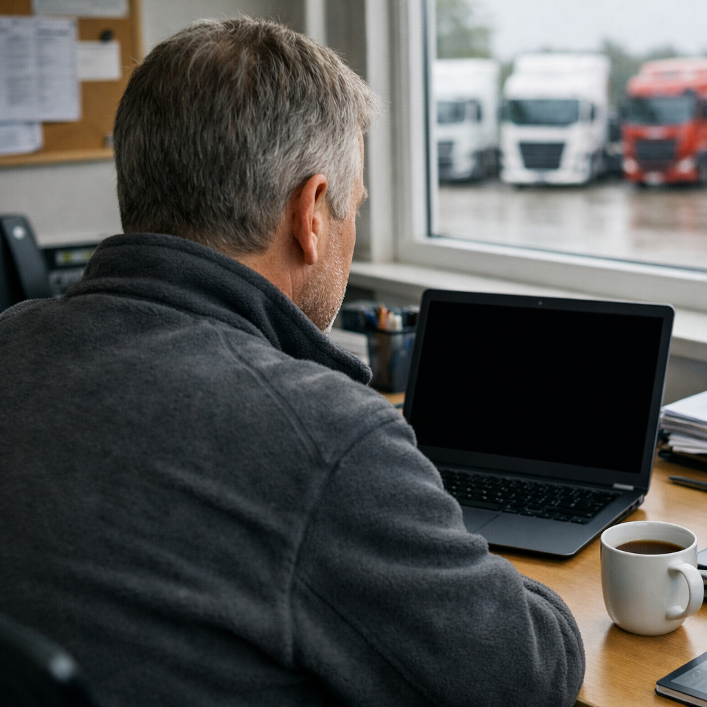 Hyperrealistic overtheshoulder photo of a man in his 50s in a practical fleece jacket sitting at a tidy desk in a small Scandinavian transport company-1