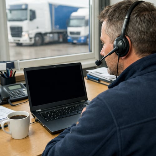 Hyperrealistic overtheshoulder photo of a transport dispatcher in his 40s sitting at a tidy desk in a practical Scandinavian transport office laptop s-1