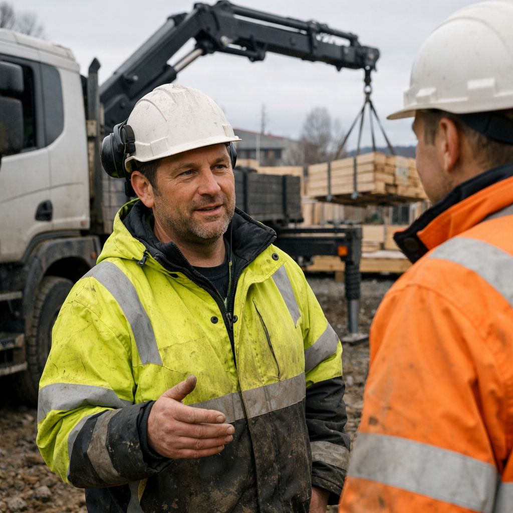 Hyperrealistic photo of a HIAB truck operator in his 40s in hivis jacket and hard hat standing beside his truck at a Scandinavian building site in ove