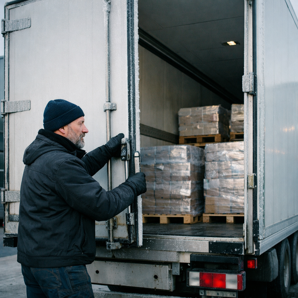 Hyperrealistic photo of a Scandinavian truck driver in his late 40s opening the rear doors of a white refrigerated semitrailer at a cold storage facil-1