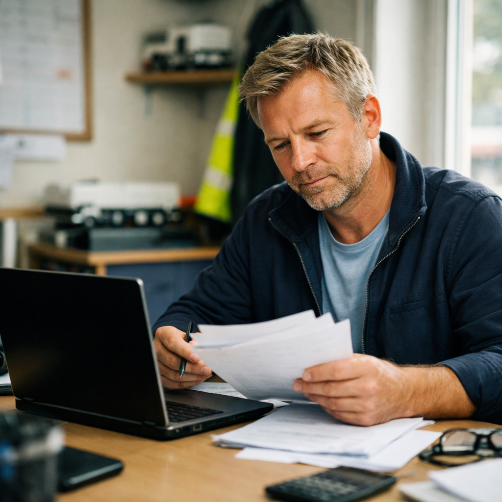 Hyperrealistic photo of a business owner in his late 40s Scandinavian appearance sitting at a clean desk in a small transport company office reviewing-3