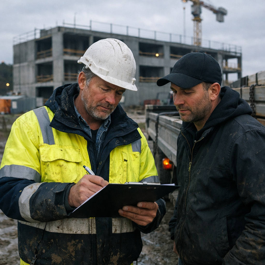 Hyperrealistic photo of a construction site project manager in his 50s weathered face wearing a hard hat and hivis jacket reviewing a clipboard with a-1