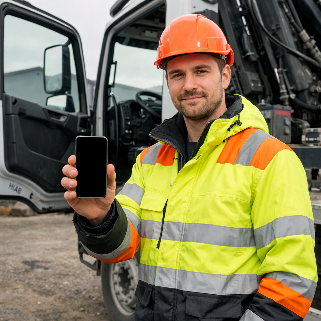 Hyperrealistic photo of a crane truck operator in his 30s in full hivis and hard hat holding a smartphone with a completely blank and black screen sta-1