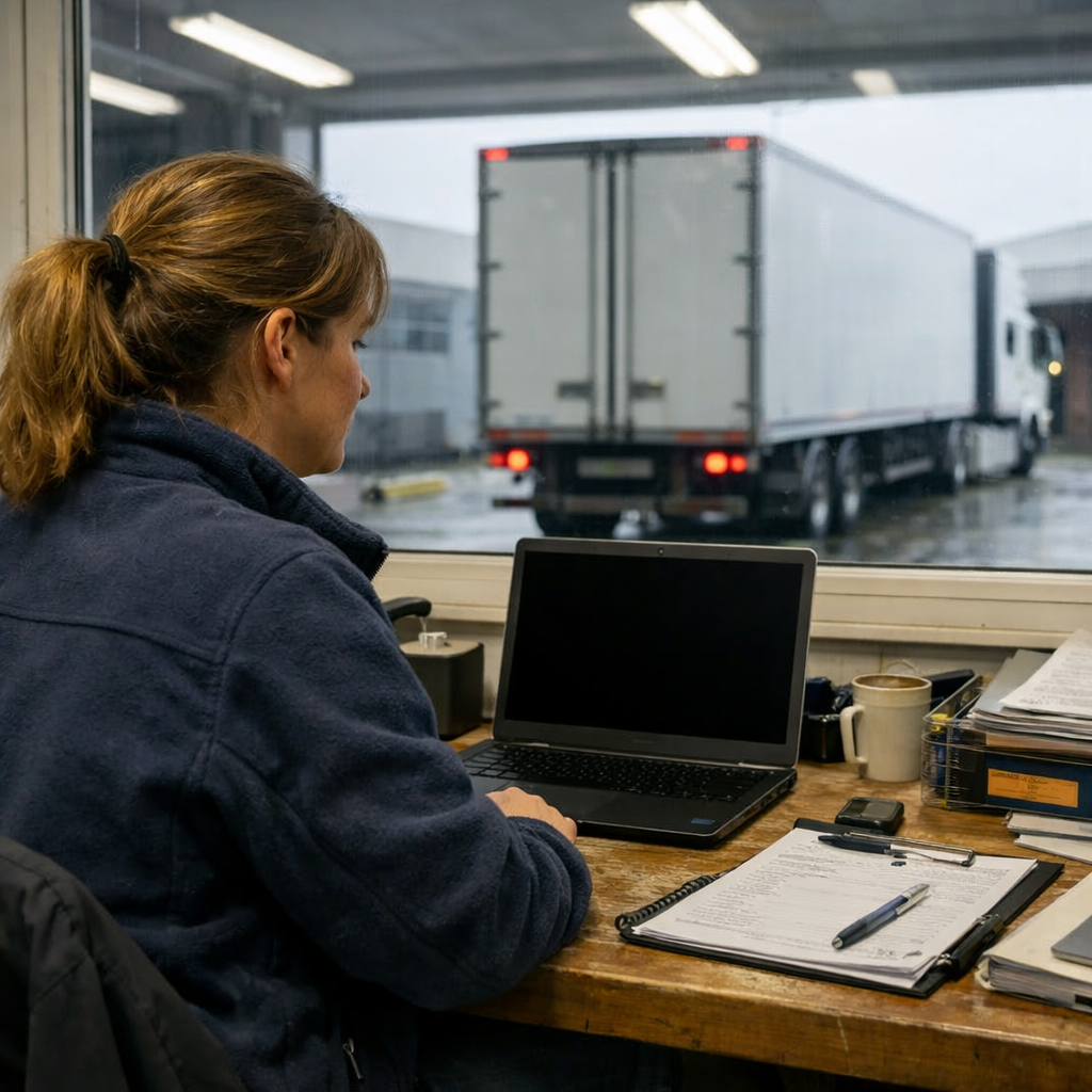 Hyperrealistic photo of a logistics coordinator in her late 30s in practical clothing sitting at a worn but tidy desk in a Scandinavian cold chain dep
