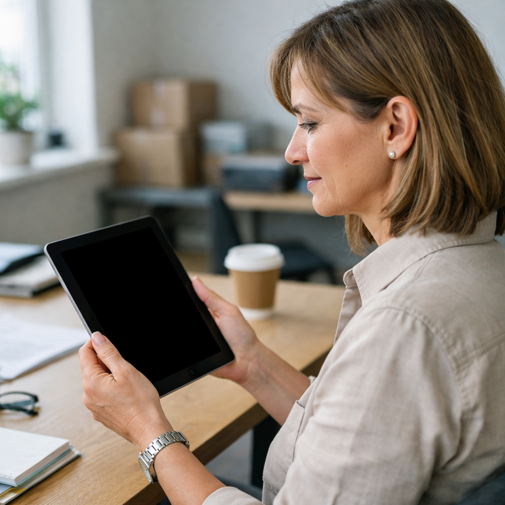 Hyperrealistic photo of a logistics customer a woman in her 40s in business casual clothing looking at a tablet in a modern but unfussy Scandinavian o-1
