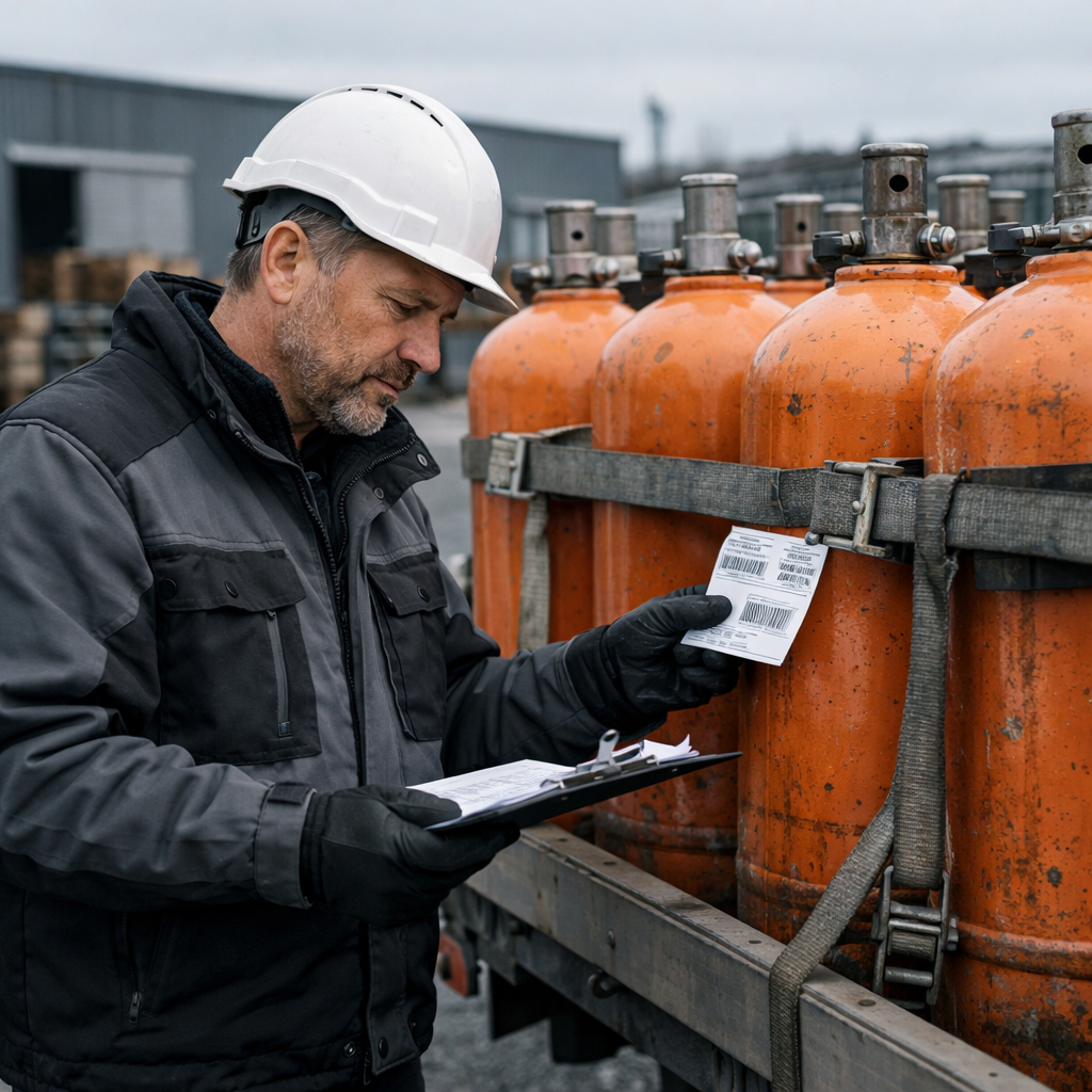 Hyperrealistic photo of a logistics worker in his 40s in a hard hat and practical workwear checking cargo labels on orange gas cylinders loaded onto a-2