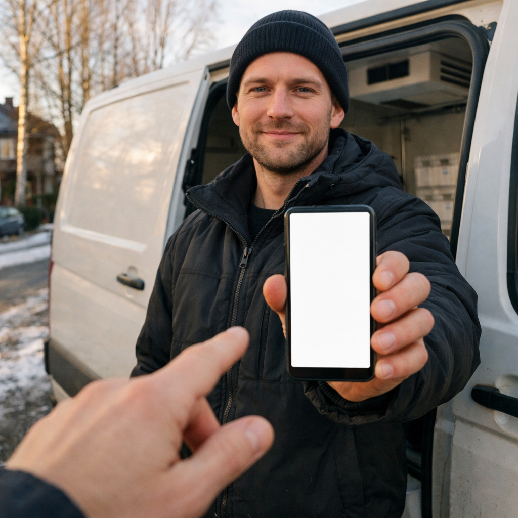 Hyperrealistic photo of a male truck driver in his early 30s standing beside the open side door of a white refrigerated delivery van in a quiet Scandi-1