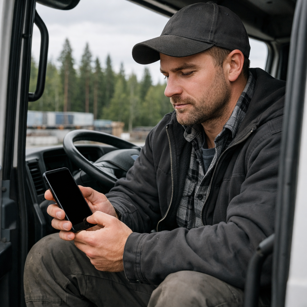 Hyperrealistic photo of a truck driver in his 30s sitting in his cab looking at a smartphone with a completely blank and black screen Shot from outsid-1
