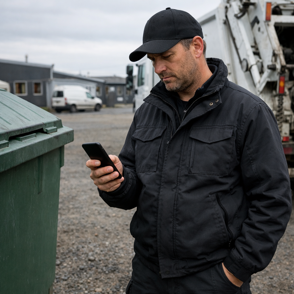 Hyperrealistic photo of a waste collection truck driver in his 40s standing beside a recycling container in a Scandinavian industrial estate looking a-1