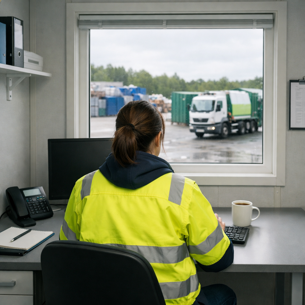 Hyperrealistic photo of a woman in her late 30s in a hivis jacket sitting at a clean compact desk in a modern but practical site office cabin at a Sca-1