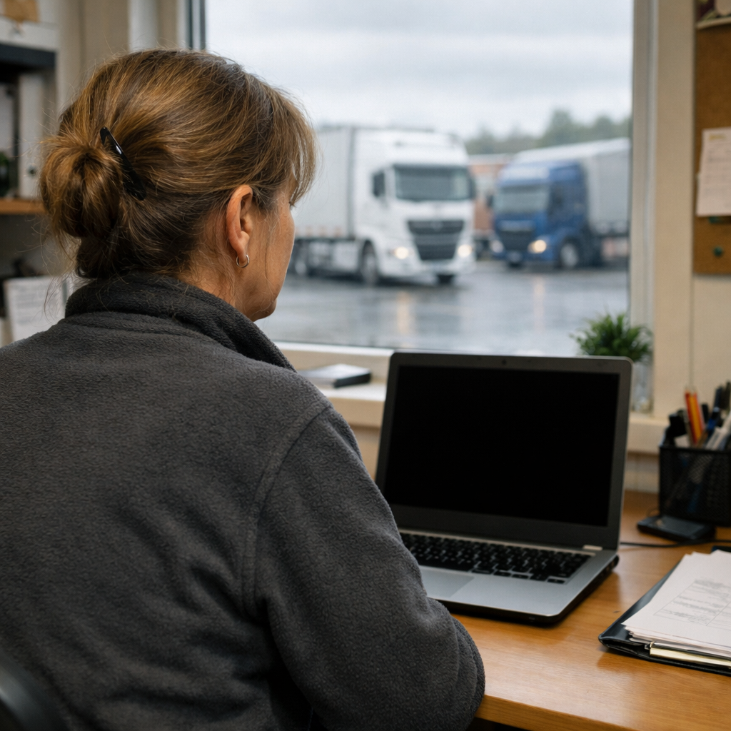 Hyperrealistic photo of a woman in her late 40s in a practical fleece or plain jumper viewed from behind and slightly to the side sitting at a desk in-1