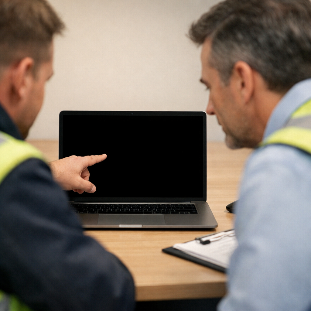 Hyperrealistic photo of two transport colleagues one pointing at a laptop screen which is completely blank and black the other leaning in to look Seat-1