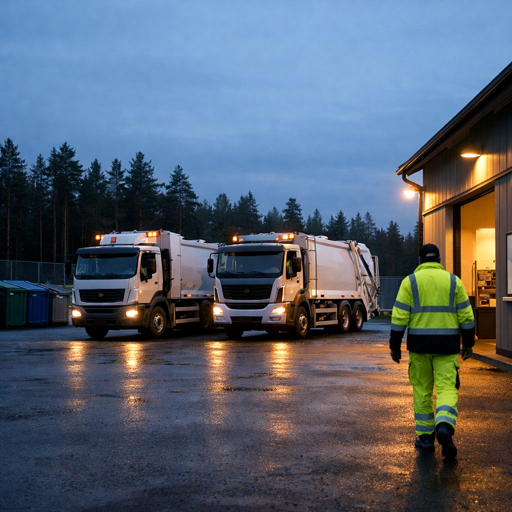 Hyperrealistic photo of two waste collection trucks parked up at a clean Scandinavian depot at dusk amber yard lighting just coming on a driver in hiv-1