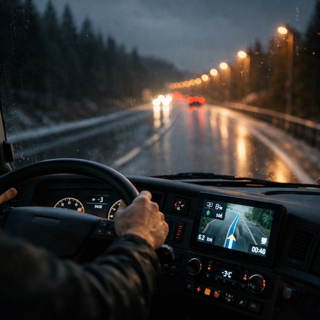 Hyperrealistic photo taken from inside the cab of a refrigerated truck at night dashboard visible in the foreground with a GPS navigation screen glowi-1