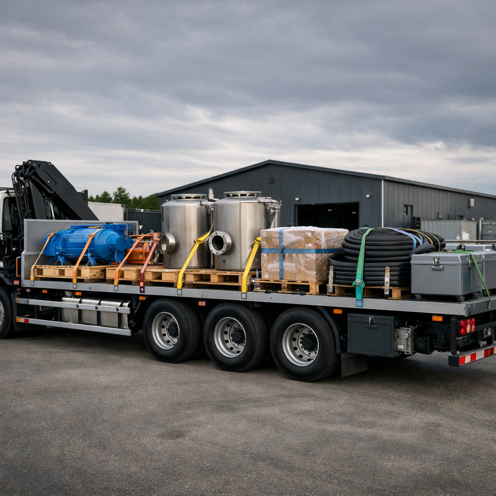 Hyperrealistic wide photo of a HIAB flatbed truck loaded with industrial equipment and secured cargo at a Scandinavian logistics yard late afternoon o-1
