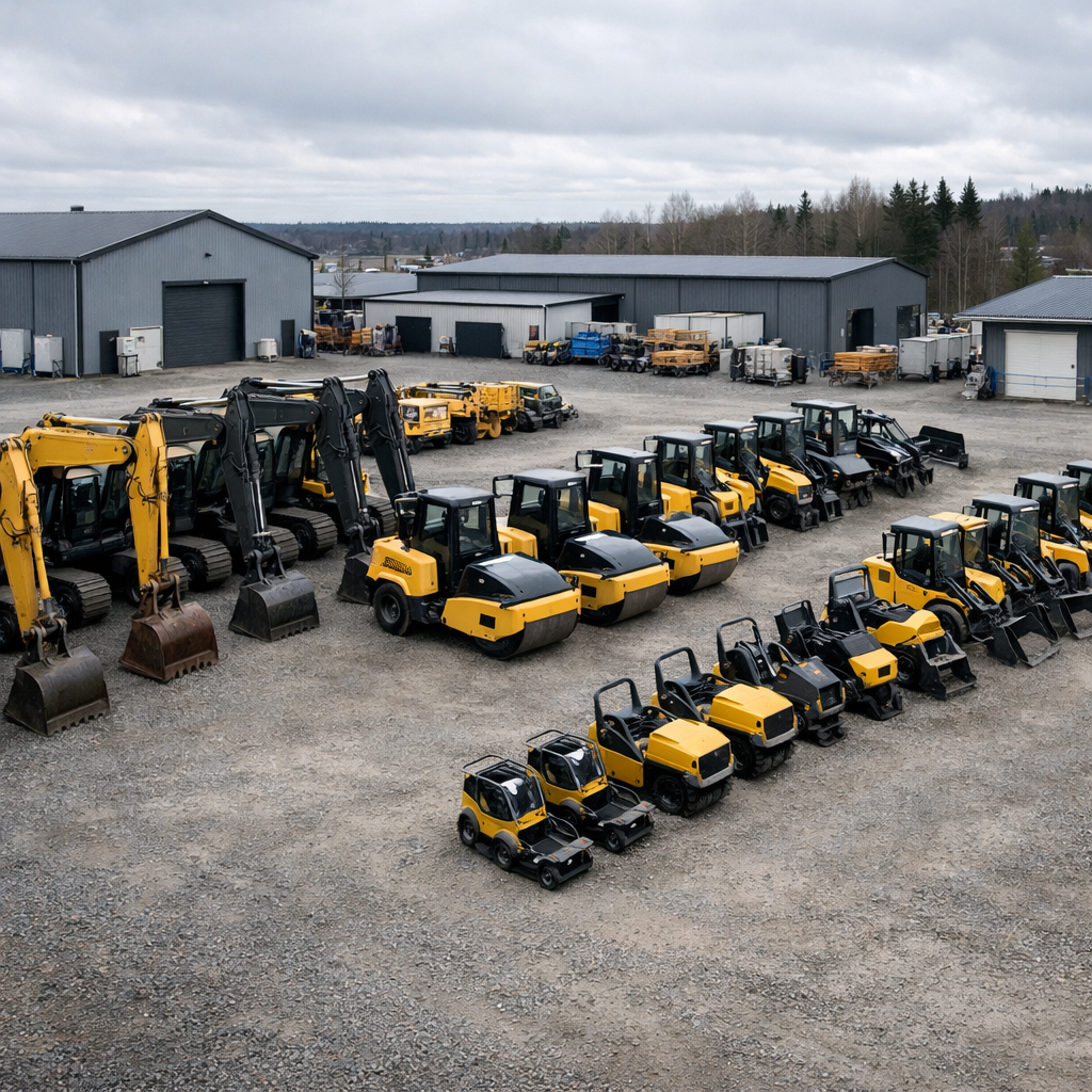 Hyperrealistic wide photo of a clean equipment yard in Scandinavia rows of construction machinery  excavators compactors small site vehicles  parked i