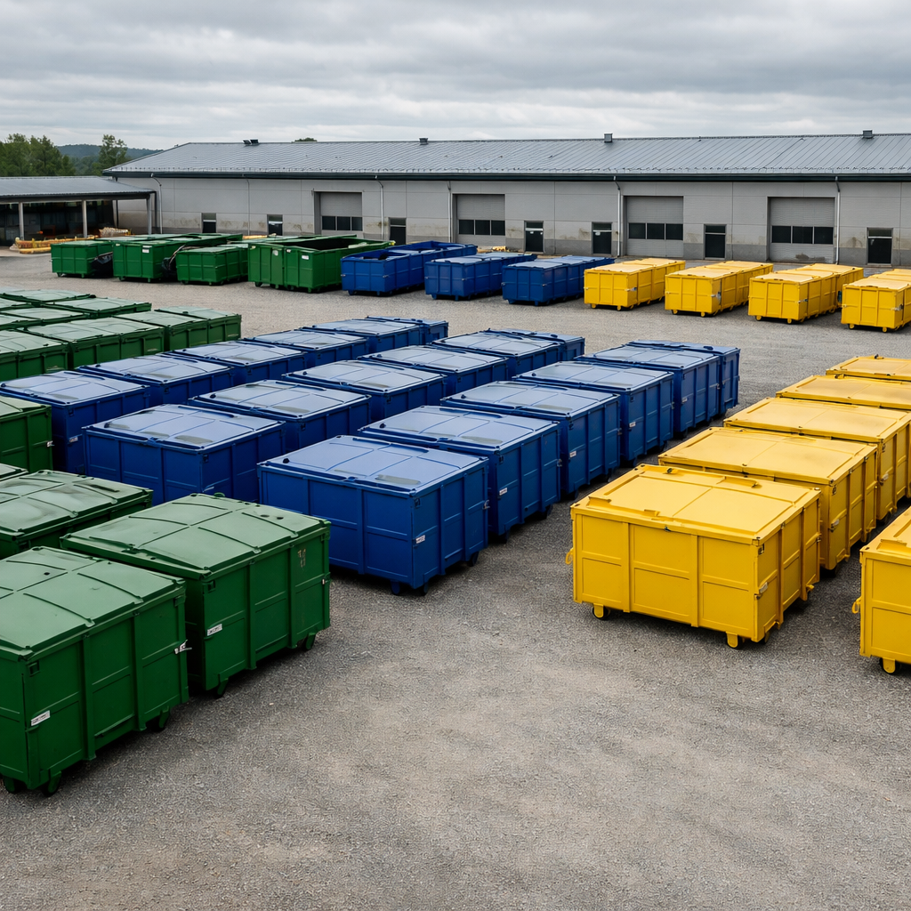 Hyperrealistic wide photo of a large outdoor recycling container yard in Scandinavia rows of green blue and yellow waste containers lined up on a clea-1