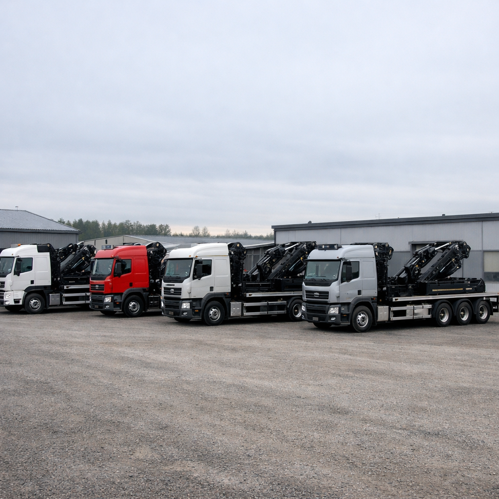 Hyperrealistic wide photo of a row of HIAB trucks parked in an organised depot yard in Scandinavia crane arms folded and secured overcast Nordic morni-1