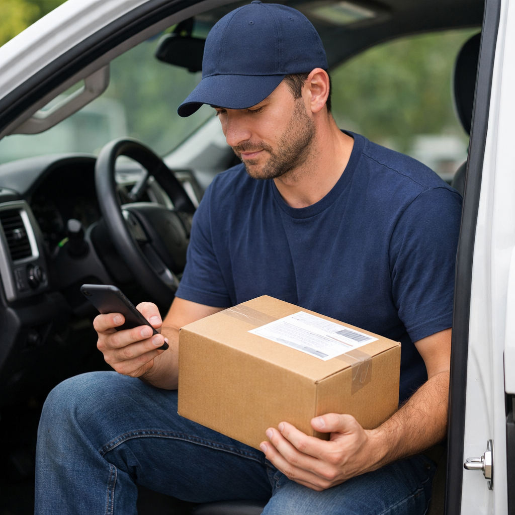 Image of man sitting in the truck with door open checking his phone with a parcel in his hand No need to see the display of the phone-1
