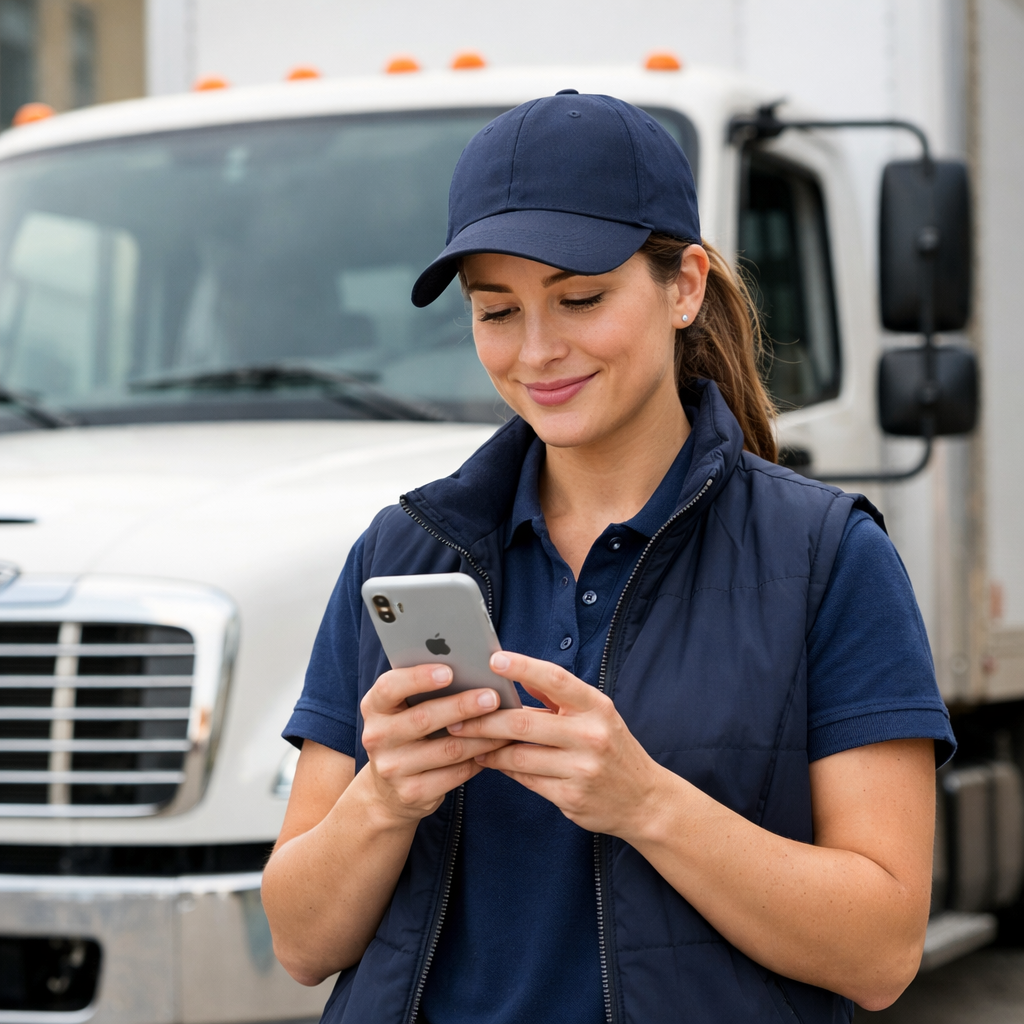 a female delivery truck driver standing infront of her delivery truck while looking on her iphone-1