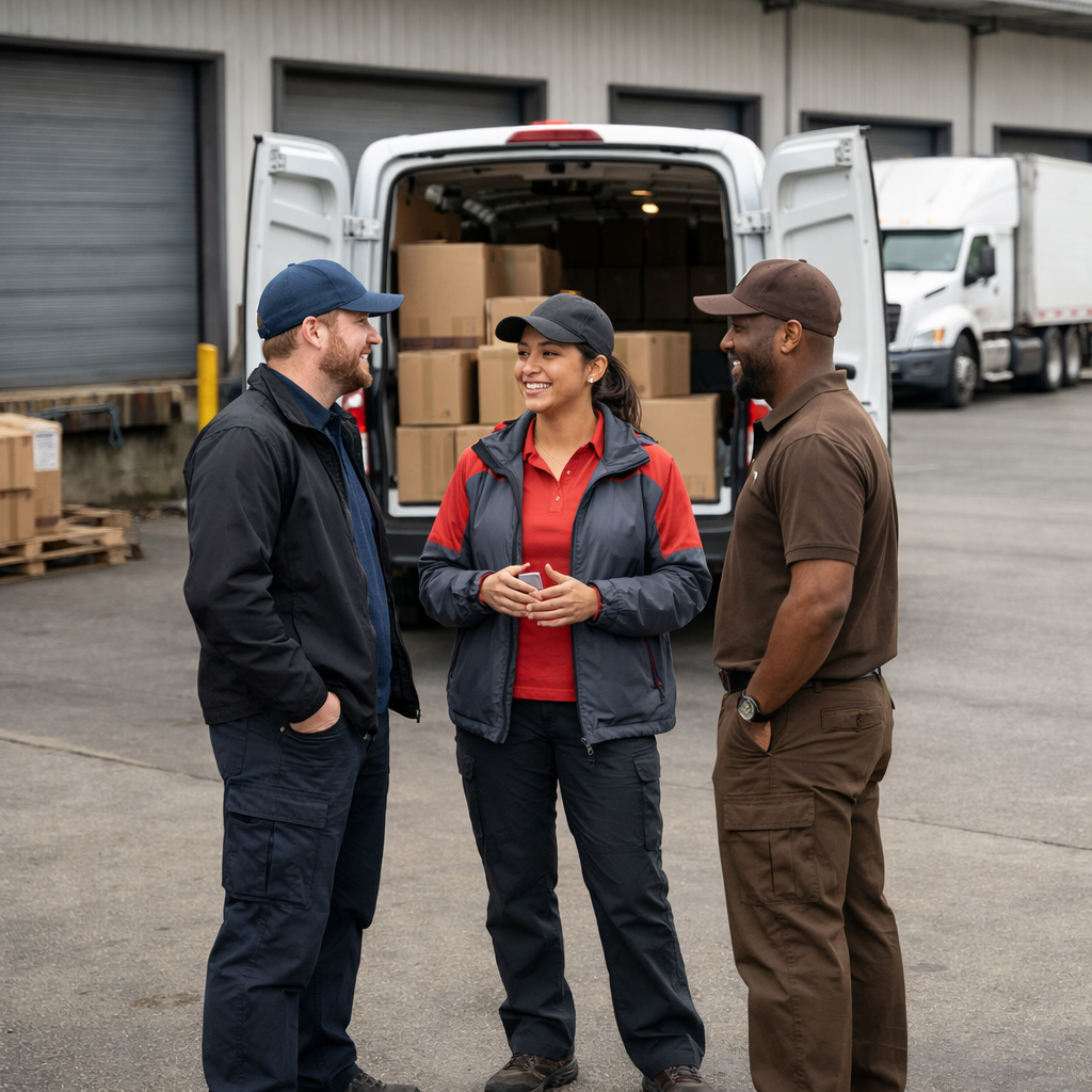 a hyper realisitc photo of a group of 3 delivery drivers standing in a circle and chatting together while standing in front of a delivery van at a tru