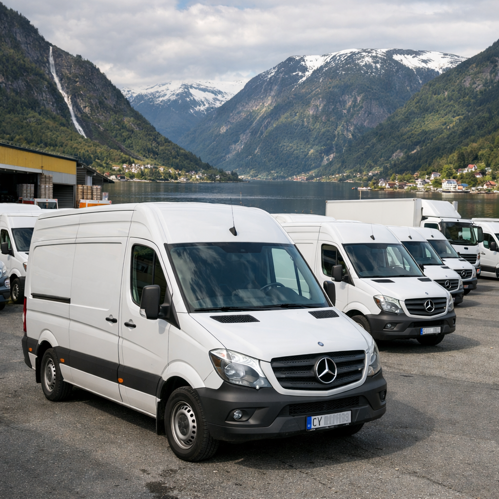 a hyper realistic photo of a fleet of delivery vans in norway  courier services-1