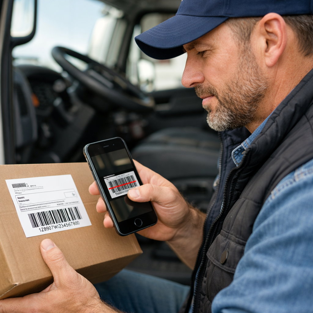 a hyper realistic photo of a truck driver scanning a delivery package with his iphone-1