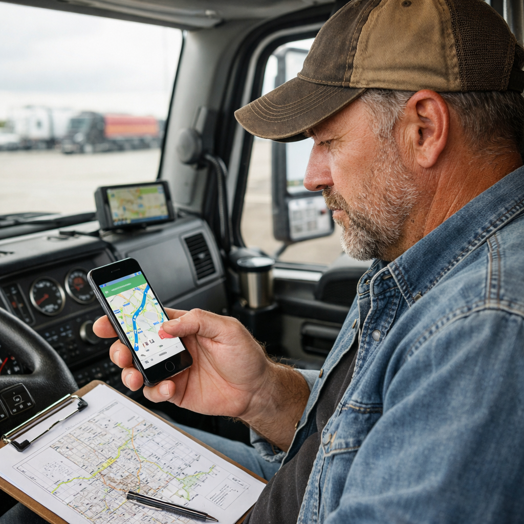 a hyper realistic photo of a truck driver sitting in his truck planning his route on his iphone-1