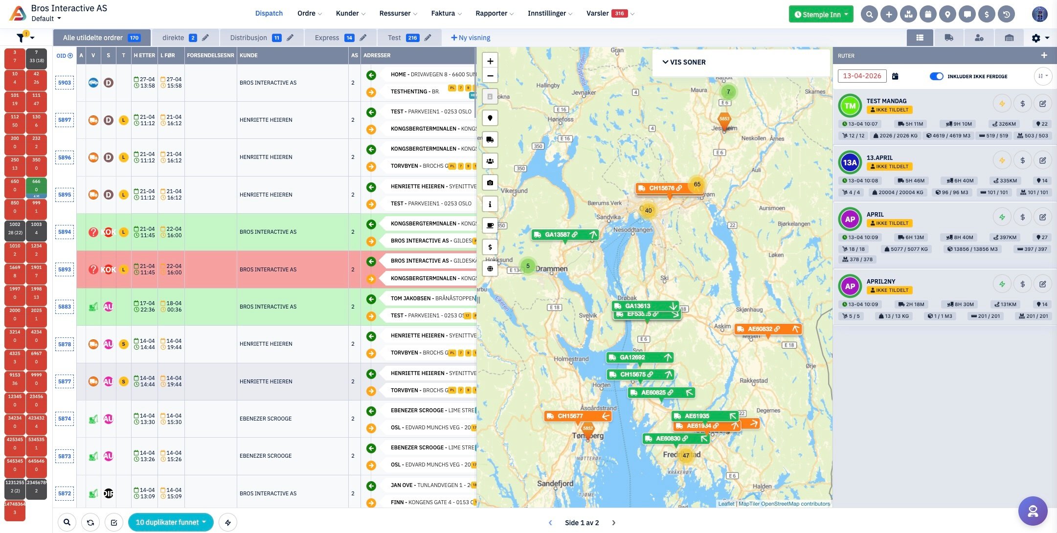 dispatch med biler på kart fra tracksys